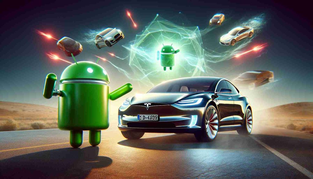 An image showing the concept of a seamless future where advanced automotive technology intersects with artificial intelligence. Focus on two key components: an electrified innovative car symbolizing Tesla and an iconic green robot symbolizing Android. Both entities are interacting in an imaginative scene denoting upcoming transformational updates. The mood of the image should reflect optimism, revolution, and the dawn of a new technological era. The image should have a realistic style and a high-definition quality.