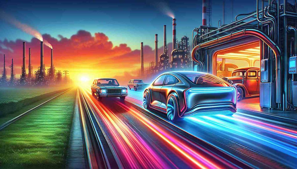 A high definition, realistic image that captures the concept of 'A Rapid Shift: The End of Traditional Cars Is Near'. This image may depict a scene where traditional gas guzzlers are being replaced by modern, eco-friendly alternatives, like electric or hydrogen fuel cell cars. There's a vibrant sunset in the background, symbolizing the end of an era. The composition is visually striking, with shiny, new electric vehicles in the foreground, coming out of a futuristic production line perhaps, while faded, old-style cars are languishing in the background.