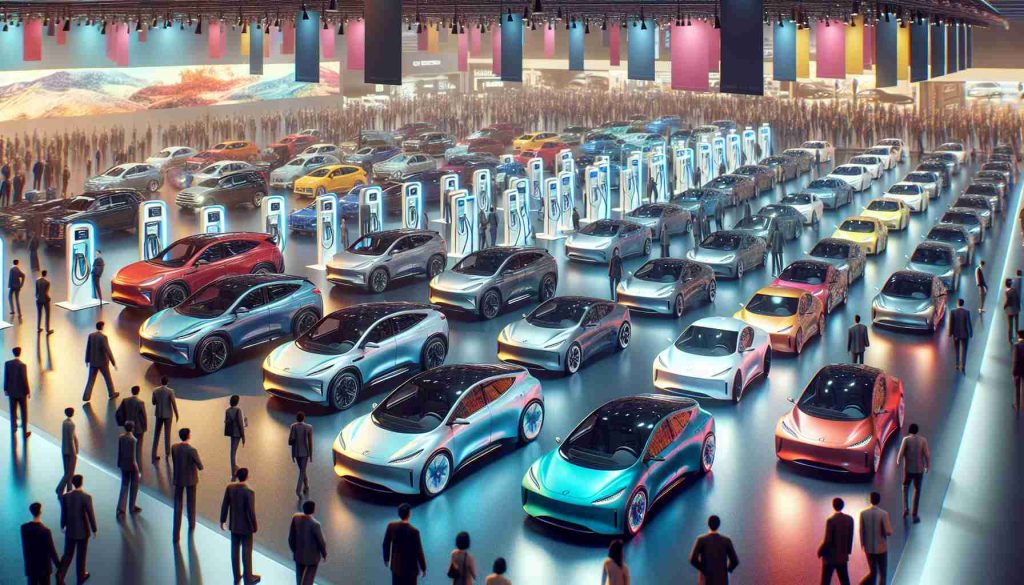 A high-definition, realistic image captures the bustling activity of an expanding electric vehicle market. Numerous glistening vehicles of different colors are on display, their sleek contours reflecting the innovation of modern technology. Among the automobiles are an array of plug-in hybrids, their charging ports open and linked to electric charging stations, symbolizing their eco-friendly nature. Banners hang high in the backdrop, announcing new releases and advances in electric vehicle technology. A diverse crowd of customers of various descents and genders is present, inspecting the vehicles with keen interest and curiosity.