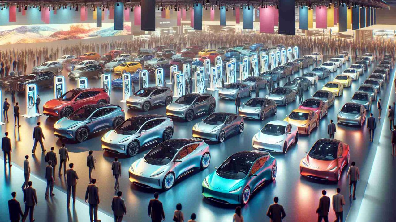 A high-definition, realistic image captures the bustling activity of an expanding electric vehicle market. Numerous glistening vehicles of different colors are on display, their sleek contours reflecting the innovation of modern technology. Among the automobiles are an array of plug-in hybrids, their charging ports open and linked to electric charging stations, symbolizing their eco-friendly nature. Banners hang high in the backdrop, announcing new releases and advances in electric vehicle technology. A diverse crowd of customers of various descents and genders is present, inspecting the vehicles with keen interest and curiosity.