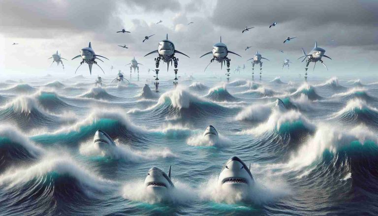 High-resolution realistic image of a conceptual scene, featuring BYD Sharks, represented as robotic sharks, swimming in tumultuous ocean waters. Various obstacles, symbolizing new challenges, emerge from the water. These may include jagged rocks, high waves, and whirlpools. The sky above is overcast, suggesting a sense of uncertainty and struggle. The overall atmosphere of the image conveys the innovative model facing unprecedented trials.