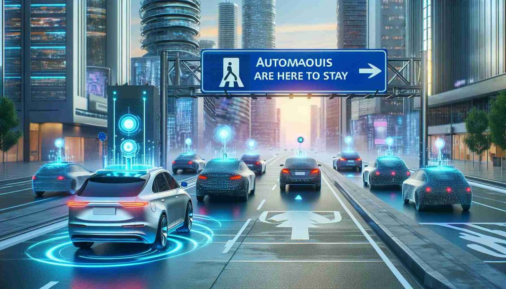 A detailed image in high-definition quality illustrating the concept of the autonomous vehicles' revolution. Have various self-driving cars of different types on an urban road showing distinct signs of modern technology – such as radars, sensors, and artificial intelligence interfaces. Show a signboard on the side of the road that says 'Autonomous Vehicles Are Here to Stay', symbolizing the permanence and transformative impact of this technology. Ensure that the setting gives the feeling of a futuristic environment which despite being advanced, fits comfortably into our everyday lives, promising a revolutionary ride.