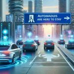 A detailed image in high-definition quality illustrating the concept of the autonomous vehicles' revolution. Have various self-driving cars of different types on an urban road showing distinct signs of modern technology – such as radars, sensors, and artificial intelligence interfaces. Show a signboard on the side of the road that says 'Autonomous Vehicles Are Here to Stay', symbolizing the permanence and transformative impact of this technology. Ensure that the setting gives the feeling of a futuristic environment which despite being advanced, fits comfortably into our everyday lives, promising a revolutionary ride.