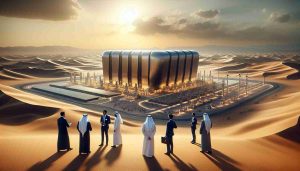 High-definition, realistic representation of a groundbreaking energy storage project taking place in an arid landscape. Visualize a large, futuristic structure, touched by the golden desert tones of Saudi Arabia. This structure is bristling with advanced technology, indicative of its role in energy storage. There are people of varying genders, donned in professional attire, they belong to different descents, including Middle-Eastern, Caucasian, Hispanic, and Black, signifying global collaboration. They are actively engaged in discussions and tasks around the project, adding a dynamic human element to the scene.