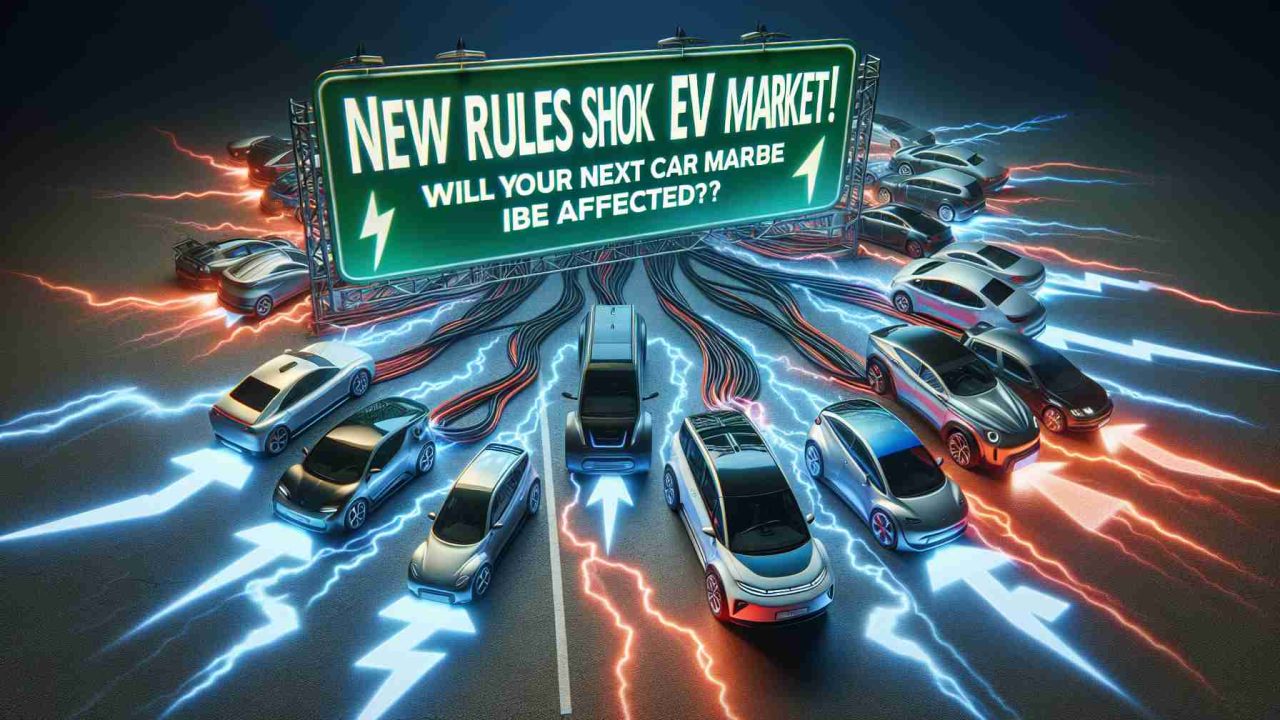 A realistic high-definition image depicting the impact of new rules on the Electric Vehicle market. There should be a visually striking contrast between the old and new market conditions, featuring various types of electric vehicles. What's more, there's an attention-grabbing headline stating 'New Rules Shock the EV Market! Will Your Next Car Be Affected?'