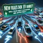 A realistic high-definition image depicting the impact of new rules on the Electric Vehicle market. There should be a visually striking contrast between the old and new market conditions, featuring various types of electric vehicles. What's more, there's an attention-grabbing headline stating 'New Rules Shock the EV Market! Will Your Next Car Be Affected?'