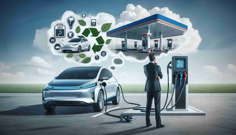 A high-definition, realistic image that illustrates the concept of considering the switch to electric vehicles. The image might include various elements such as a shiny, sleek electric car with the plug-in charger, environmentally friendly symbols, and perhaps an individual pondering the decision in front of a traditional gas station contrasted with a clean, modern electric vehicle charging station.