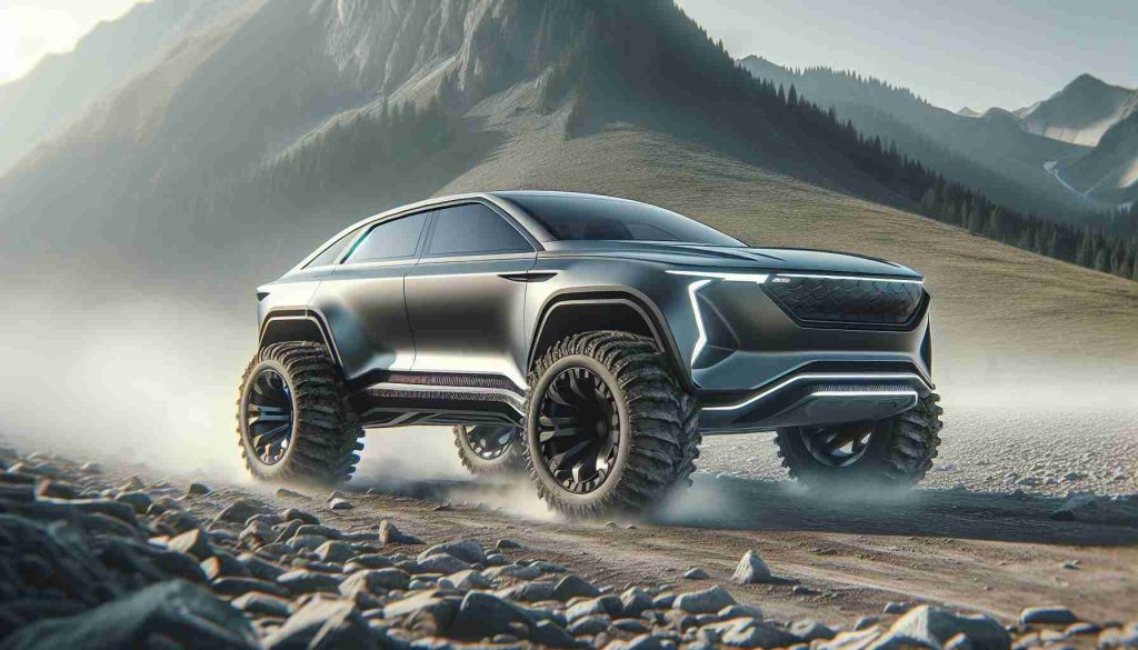 Realistic HD image of a futuristic concept SUV, navigating through a rugged terrain. The vehicle could be envisioned as a 2025 model boasting rugged tyres and an elevated body, perfect for cross-country expeditions. It should feature an aerodynamic design, sleek lines, and the elegance associated with Scandinavian design aesthetics. Do not include any logos or brand insignia in the picture.