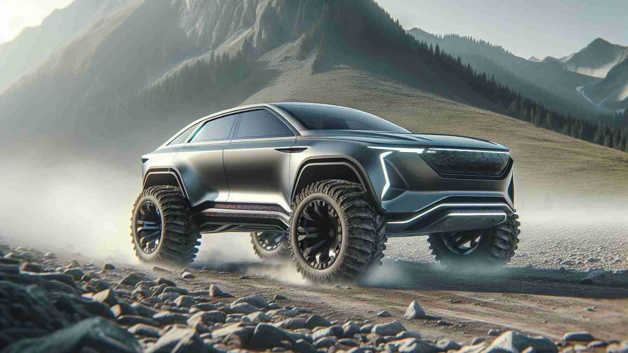 Realistic HD image of a futuristic concept SUV, navigating through a rugged terrain. The vehicle could be envisioned as a 2025 model boasting rugged tyres and an elevated body, perfect for cross-country expeditions. It should feature an aerodynamic design, sleek lines, and the elegance associated with Scandinavian design aesthetics. Do not include any logos or brand insignia in the picture.