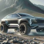 Realistic HD image of a futuristic concept SUV, navigating through a rugged terrain. The vehicle could be envisioned as a 2025 model boasting rugged tyres and an elevated body, perfect for cross-country expeditions. It should feature an aerodynamic design, sleek lines, and the elegance associated with Scandinavian design aesthetics. Do not include any logos or brand insignia in the picture.