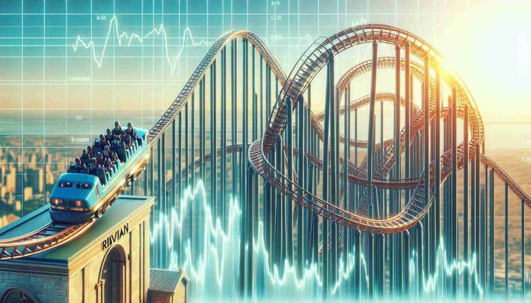 Create a high-definition, detailed and hyperrealistic image representing the concept of investment in a rollercoaster-like environment, associated with the Rivian company. The scene should depict a rollercoaster's ups and downs to symbolize stock market fluctuations. Overlay the image with the text 'Rollercoaster Ride: Is Now the Time to Invest?'