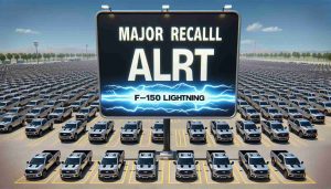 An image depicting a realistic HD scenario of a large number of F-150 Lightning Vehicles parked in a spacious outdoor parking lot, under a bright blue sky. Nearby, there are large, eye-catching signs with bold, capitalized letters that state 'MAJOR RECALL ALERT', insinuating the risk associated with these vehicles.