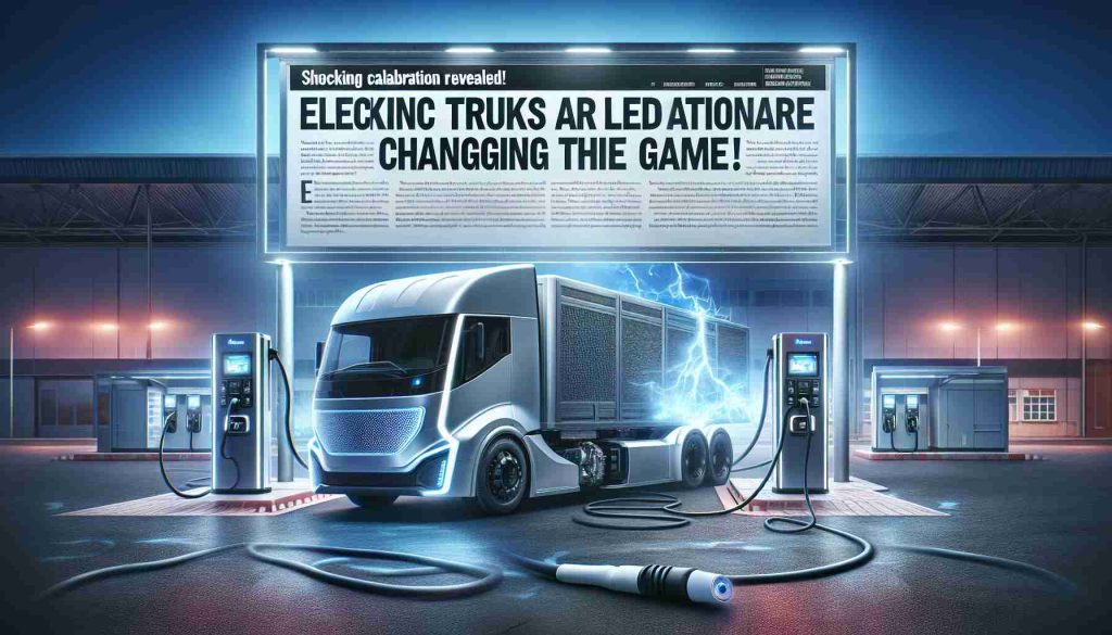 Create a hyper-realistic and high-definition image depicting the exciting news of an innovative collaboration. The scene unveils a game-changer in the automotive industry: electric trucks. Show a sleek, modern electric truck parked at a charging station. The aura of revolution is palpable, reflected in the dynamic design of the truck and the futuristic technology of the charging station. Display headlines in bold text across the image stating 'Shocking Collaboration Revealed!' and 'Electric Trucks Are Changing the Game!'. The background should feature an industrial landscape, representing the shift in the transportation industry.