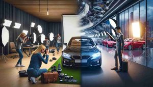 Realistic HD photo illustrating the transformation of a photographer based setting into an automobile showroom experience. Initially, it showcases a Caucasian female photographer in a studio, surrounded by photography equipment such as cameras, light stands, and backdrops. Gradually, it morphs into a vibrant scene of a South Asian male car reviewer inspecting a shiny, modern car in a lavish showroom full of various car models. The transition between these two scenes should depict the unexpected journey from the world of photography to automotive reviews.