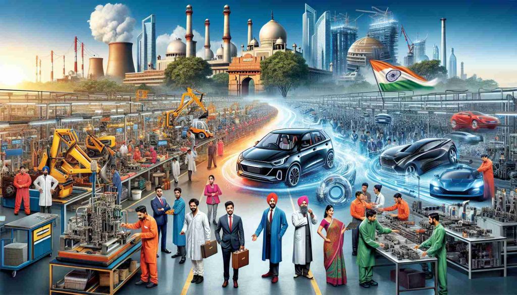 A high-definition and realistic illustration that captures the exciting changes happening in India's automobile industry. The image should portray a mix of traditional and advanced technologies, representing the new era that awaits. Include bustling assembly lines, advanced machinery, electric cars being manufactured, and engineers of diverse gender and descent, including Caucasian, Hispanic, Black, Middle-Eastern, South Asian, working harmoniously. The backdrop reveals a juxtaposition of India's iconic landmarks and futuristic skyscrapers under the vivid blue sky, symbolizing the old blending with the new, ushering in unprecedented changes to the industry.