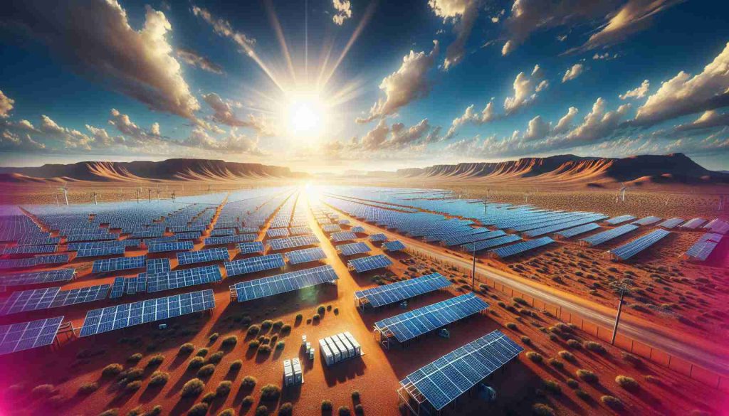 Generate a realistic, high definition image showing the revolution of solar power technology in remote regions of Australia. Depict a vast array of solar panels installed in a barren landscape, possibly a desert, with the brilliant sun shining overhead. Include visualization of energy storage or charging stations, indicating how this renewable source is serving the community.