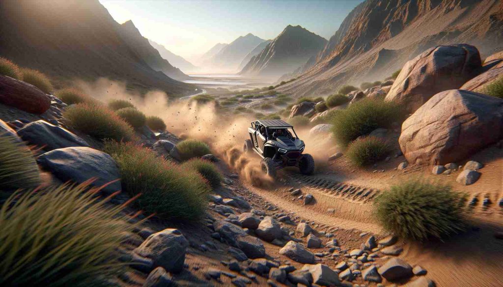 A high-definition, realistic image showcasing the ultimate off-road adventure. This scene includes a robust all-terrain vehicle plowing through an untamed landscape. Rocks, sand dunes, and wild vegetation are scattered, offering a challenging yet exciting path. The vehicle is tackling a steep slope, showcasing the power and agility that it possesses. The surroundings suggest a remote, wild location with diverse topography. Mountains loom in the background, their peaks nearly touching the sky, kissed by the early morning sun. Dust particles fly in the air, indicating the vehicle's momentum, adding to the thrilling atmosphere of this ultimate off-road adventure.