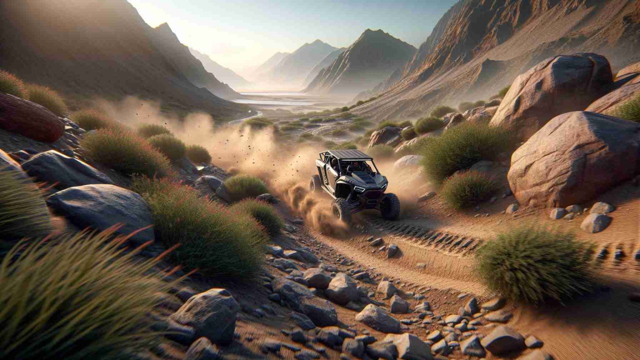 A high-definition, realistic image showcasing the ultimate off-road adventure. This scene includes a robust all-terrain vehicle plowing through an untamed landscape. Rocks, sand dunes, and wild vegetation are scattered, offering a challenging yet exciting path. The vehicle is tackling a steep slope, showcasing the power and agility that it possesses. The surroundings suggest a remote, wild location with diverse topography. Mountains loom in the background, their peaks nearly touching the sky, kissed by the early morning sun. Dust particles fly in the air, indicating the vehicle's momentum, adding to the thrilling atmosphere of this ultimate off-road adventure.