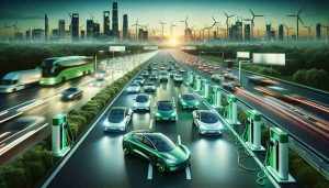 Generate a realistic HD image that represents the future of green driving. This image should reflect excitement and significant transitions. Picture sleek electric cars with innovative charging stations, dominated by hues of green. The scene takes place on a busy highway bustling with eco-friendly transport, demonstrating an anticipatory atmosphere for car enthusiasts. The horizon showcasing a high-tech cityscape with wind turbines and solar panels blending seamlessly into the infrastructure, hinting at a future powered by renewable energy.