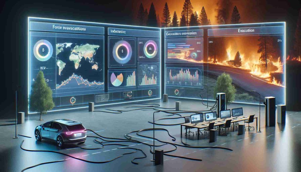 High-definition image showing the critical information about electric vehicles and fire evacuations. The scene includes informational boards highlighting the key points, graphs and data visualizations representing statistical data. Contextual elements such as an indicative EV charging station and a background of a forest fire can be portrayed, embodying the evacuation scenario.