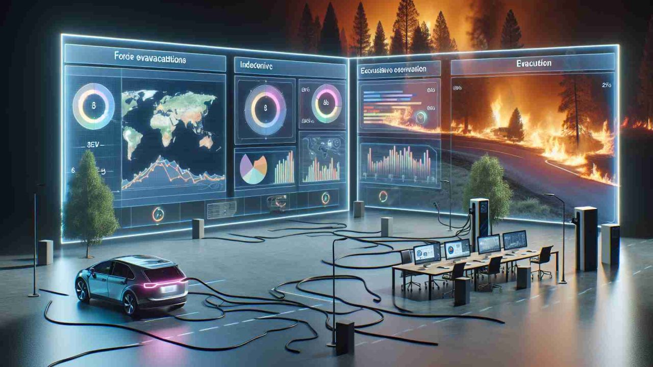 High-definition image showing the critical information about electric vehicles and fire evacuations. The scene includes informational boards highlighting the key points, graphs and data visualizations representing statistical data. Contextual elements such as an indicative EV charging station and a background of a forest fire can be portrayed, embodying the evacuation scenario.