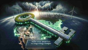 An ultra-realistic high-definition photo symbolizing the importance of renewable energy sources. The image illustrates a large key forged from solar panels, wind turbines, and other green energy forms, contrasted against a looming stormy skyline. The key is hovering over a holographic map of the United States, casting a sustainable green glow. Superimposed text states 'Power Crisis Ahead If U.S. Energy Strategy Changes', a warning in bold, readable letters seems to ripple across the scene, heightening the sense of urgency and importance attached to the renewable energy topic.