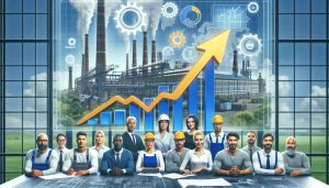 A high definition, realistic image depicting a conceptual representation of the demand for local manufacturing being a game-changer for Europe's job market. Show an assorted group of people who represent a diverse workforce in Europe: include a caucasian woman as a skilled manufacturer, a Black man as an industrial engineer, a Middle-Eastern woman observing blueprints, a South Asian man at a high tech manufacturing machinery and a Hispanic woman as a quality assurance inspector. In the background, display flourishing factories symbolizing robust local manufacturing. Display a progress bar or gauge showing an 'Up' trend to represent the positive progress and impact on European job market.