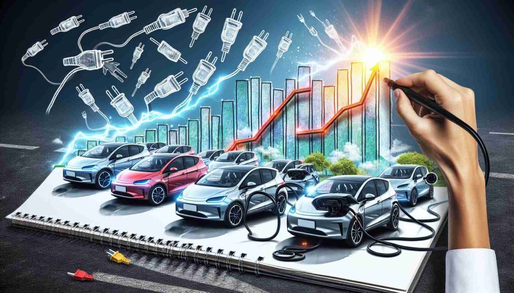 Create a high definition realistic image of a surge in electric vehicle registrations, graphically illustrated. Show a graph with an upward trend and lots of cars with electric plugs instead of gas tanks, symbolizing the growth in electric vehicle adoptions. Add a shining sun in the sky, representing the bright future and growth of the clean energy sector.