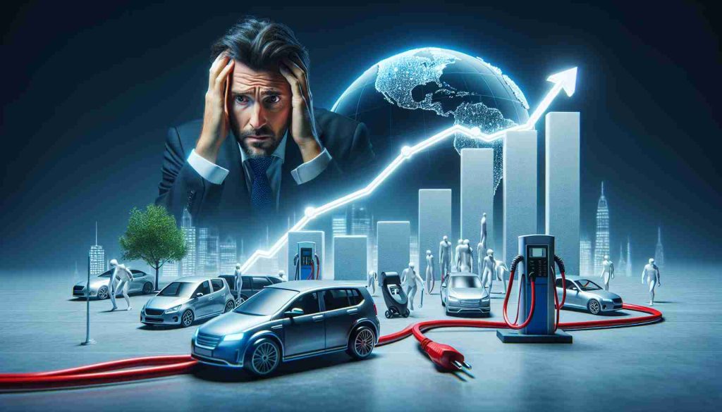 A high-definition, realistic image illustrating a downturn in electric car sales. The image could feature a line graph with a noticeable dip, representing the drop in sales. Alongside the graph, elements symbolizing the future implications of this situation could be depicted - for instance, an anxious-looking automobile manufacturer, some car charging stations standing idle, or even a globe covered in smog, symbolizing the potential environmental impact.