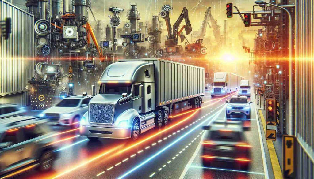 Create a high definition, realistic portrayal of a revolution in transportation. This involves the soaring popularity of heavy-duty autonomous vehicles. Imagine the scenario to be bustling with these high-tech, self-driving vehicles, designed to endure heavy loads. From supply chain trucks to construction machinery, visualize various types of heavy-duty vehicles, all running smoothly on their own, with numerous advanced sensors, radars, and cameras visible on them, indicating their autonomous nature. The background should be a blend of urban and industrial settings, conveying the vast integration of these vehicles into our daily life and industries.