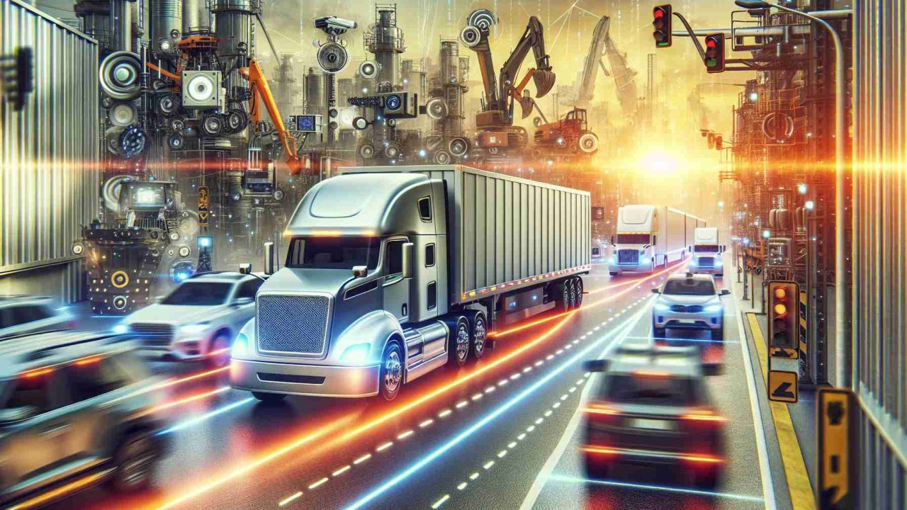 Create a high definition, realistic portrayal of a revolution in transportation. This involves the soaring popularity of heavy-duty autonomous vehicles. Imagine the scenario to be bustling with these high-tech, self-driving vehicles, designed to endure heavy loads. From supply chain trucks to construction machinery, visualize various types of heavy-duty vehicles, all running smoothly on their own, with numerous advanced sensors, radars, and cameras visible on them, indicating their autonomous nature. The background should be a blend of urban and industrial settings, conveying the vast integration of these vehicles into our daily life and industries.