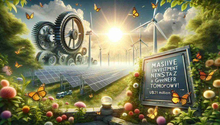 A realistic and high-definition image symbolizing huge investment in a greener future. Depict a scene of large solar panels and wind turbines with the sun brightly shining in the background. Show a plaque nearby with the text 'Massive Investment for a Greener Tomorrow! US$231 Million for Clean Energy'. Make sure the gears of the turbines are in motion capturing the energy and the panels are angled towards the sunlight, soaking up energy. Also, include butterflies fluttering over an array of blooming flowers in the foreground to further signify the environmental benefits.