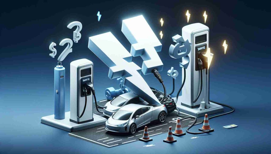 Render a high-definition, realistic picture representing a game-changing event for electric vehicles. This symbolizes the cause of excitement among EV owners, perhaps illustrated by a metaphor such as a bolt of lightning representing tariff cuts. Include charging stations, electric cars, and icons denoting reduced costs.