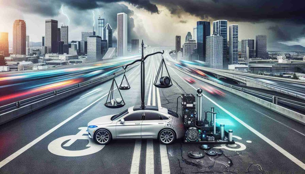 A high definition, realistic image showcasing the abstract concept of contention regarding full self-driving packages in the automobile industry. The image could feature a highly modernized car with perceivable autonomy features such as sensors, radars, and lidar system on a busy city road. On top of this scene, visual metaphors representing controversy could be portrayed - perhaps a symbolic balance scale holding two contrasting objects; a smooth paved road and a turbulent storm, illustrating the divide in public opinion about self-driving technology.