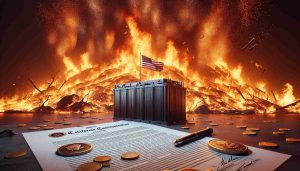 High-definition realistic picture that depicts a large fire. The enormous inferno produces an intense display of sparks flying, which creates a viscerally impactful scene. It prompts a metaphorical representation of new legislative changes in California, with papers imprinted with legal texts and seals fluttering nearby. Alongside this, there is the image of a battery energy storage system, symbolizing a safer alternative. The entire scene speaks volumes about the transition from destructive fires to safe, sustainable forms of energy storage.