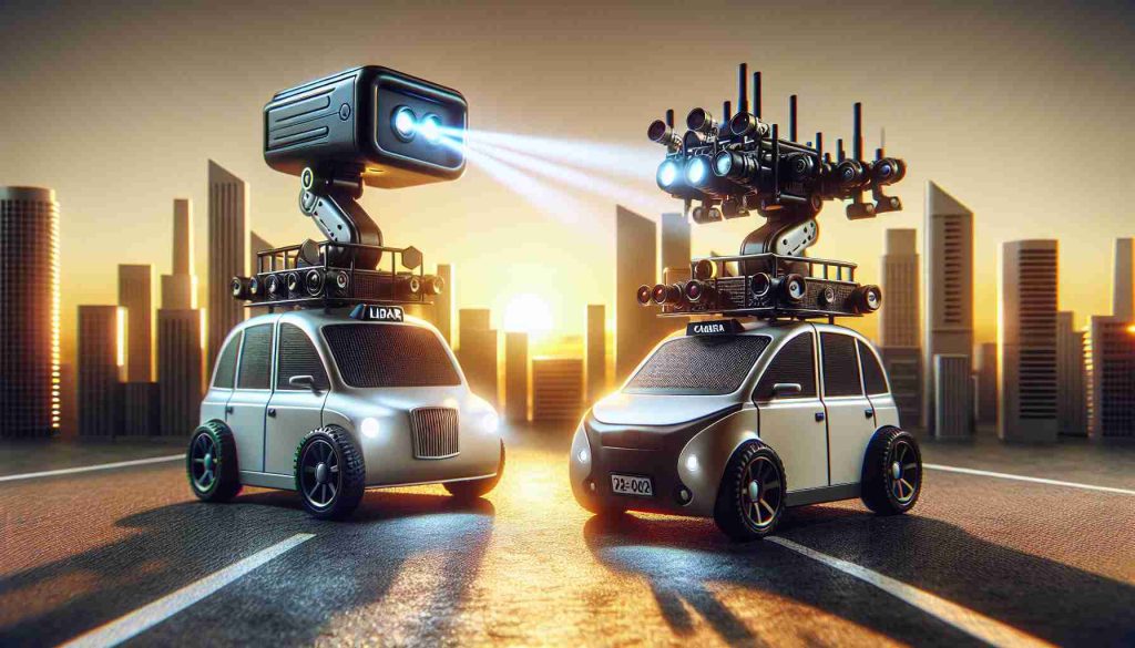 An ultra high-definition realistic image, representing a conceptual debate between Lidar and Camera based technology used for the operation of Robotaxis. Both technologies personified as two miniature robot-taxis showing their respective technology. One robo-taxi should have a LiDAR system on the roof, emitting light beams into the surrounding area. The other robo-taxi is equipped with multiple cameras, which are focused in various directions. Both are placed within a cityscape backdrop during sunset, creating long and dramatic shadows. They're not fighting, but engaged in a friendly technology show-off.