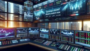 A realistic high definition image of a financial market scene, conveying the intensity of an approaching earnings period. The left side features a trading desk with multiple monitors displaying live stock information, while the right side captures a digital billboard on a skyscraper displaying 'Earnings Ahead! What to Watch Now'. The background should have skyscrapers representing the financial district of a city. The atmosphere is tense and expectant, an embodiment of the 'Market Wake-Up Call'.