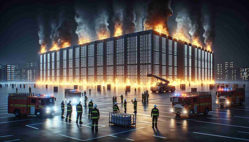 Realistic high-definition image showing an event similar to California's battery storage fire. It is a wake-up call about the need for safe energy storage solutions. The scene shows safety officials and professionals managing the situation, while in the background, an enormous grid-scale battery storage facility is illuminated by the flames. It represents the urgency and challenge of developing stable, safe and efficient energy storage systems for the future.