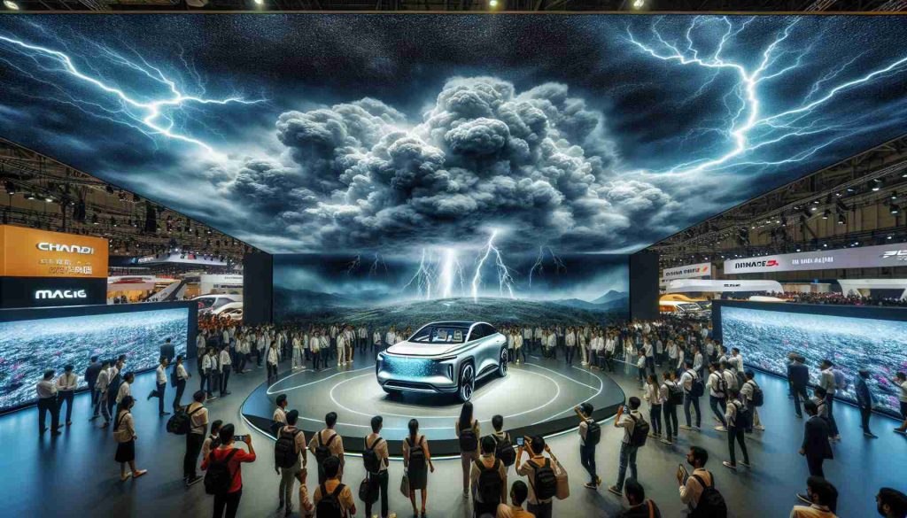 A detailed image of a storm taking over a major fair in India, where brand new Electric SUVs are being unveiled. The Electric SUVs have a sleek, modern design and are prominently displayed in an exhibition booth, attracting the attention of many onlookers. High-definition effects are utilized to capture the thunderous storm clouds looming above the event while the crowd remains unfazed, fascinated by the reveal of the sophisticated, futuristic vehicles. These vehicles are from an undisclosed popular automobile brand, creating a sense of intrigue and anticipation.