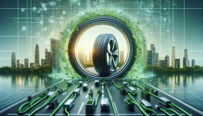 Generate an ultra high-definition, photorealistic image representing the revolution of electric vehicle tires. Show these tires as sustainable, promoting a greener, more efficient future. They could be made of recycled, eco-friendly materials, and designed for optimal energy efficiency. This could also include a backdrop featuring a clean, green cityscape to underline the eco-friendliness.