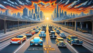 A detailed tableau representing the growing dominance of electric cars over traditional gasoline models. Envision a number of sleek, futuristic electric cars in brilliant colors, silently cruising down a multilane city road. In contrast, old-fashioned gas vehicles, showing visible signs of age and pollution, are left trailing behind, barely squeezing into the other lanes. A dramatic sunset forms the backdrop, with a large, highly stylized text overlay stating, 'The Astonishing Reality', symbolizing the shocking change in the automotive industry.