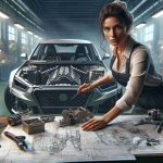 Create a realistic HD image of a groundbreaking woman in the automotive industry. She is depicted as a maverick, someone leading the way for more female representation in this predominantly male sector. In this scene, we see her in a professional automotive workshop surrounded by car parts, blueprints, and high-tech equipment. A partially dismantled car indicates she is in the midst of a big project. She is intently focused on her work, the commitment and determination clearly visible in her expression. The image should highlight her journey from an unknown person to a respected figure in her field.