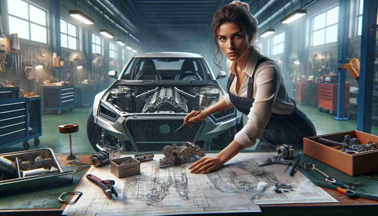 Create a realistic HD image of a groundbreaking woman in the automotive industry. She is depicted as a maverick, someone leading the way for more female representation in this predominantly male sector. In this scene, we see her in a professional automotive workshop surrounded by car parts, blueprints, and high-tech equipment. A partially dismantled car indicates she is in the midst of a big project. She is intently focused on her work, the commitment and determination clearly visible in her expression. The image should highlight her journey from an unknown person to a respected figure in her field.