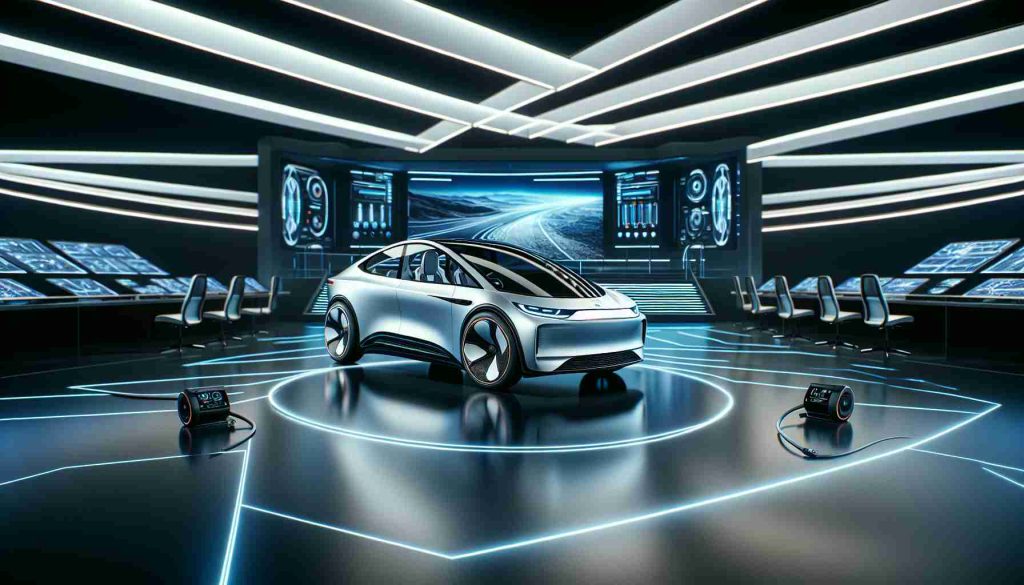 Generate a highly detailed, realistic image of a new electric vehicle. The vehicle should display innovation and modern design aesthetics. Highlight features such as its dual battery options, electric charging ports, and sleek body design. The surroundings could reflect an environment suitable for an automobile launch event, such as a high-tech showcase stage. Remember to capture the youthful, dynamic energy that the electric vehicle revolution represents.