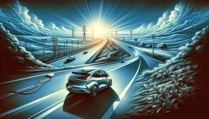 A detailed, high-resolution illustration that symbolically represents the theme: 'The EV (Electric Vehicle) Revolution: Are We Facing a Setback?'. Include imagery that signifies progress, such as a highway stretching out to distant horizons, with a cutting-edge electric vehicle on it. Also include imagery that illustrates a setback - perhaps the vehicle is stopped, or there is an unexpected obstruction on the road. Ensure the picture is rich with elements suggesting both the excitement and promise of electric vehicles, as well as the potential challenges and obstacles that might slow down the progress.