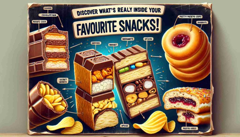 Create a detailed and realistic HD image depicting a variety of popular snacks split open to reveal their secret ingredients. The picture should show the cross-sections of various snacks such as a chocolate bar with a nougat filling, a crispy potato chip with spices, and a fluffy doughnut with a sweet jam center. Also include text in bold, exciting font that reads 'Discover What’s Really Inside Your Favourite Snacks!'