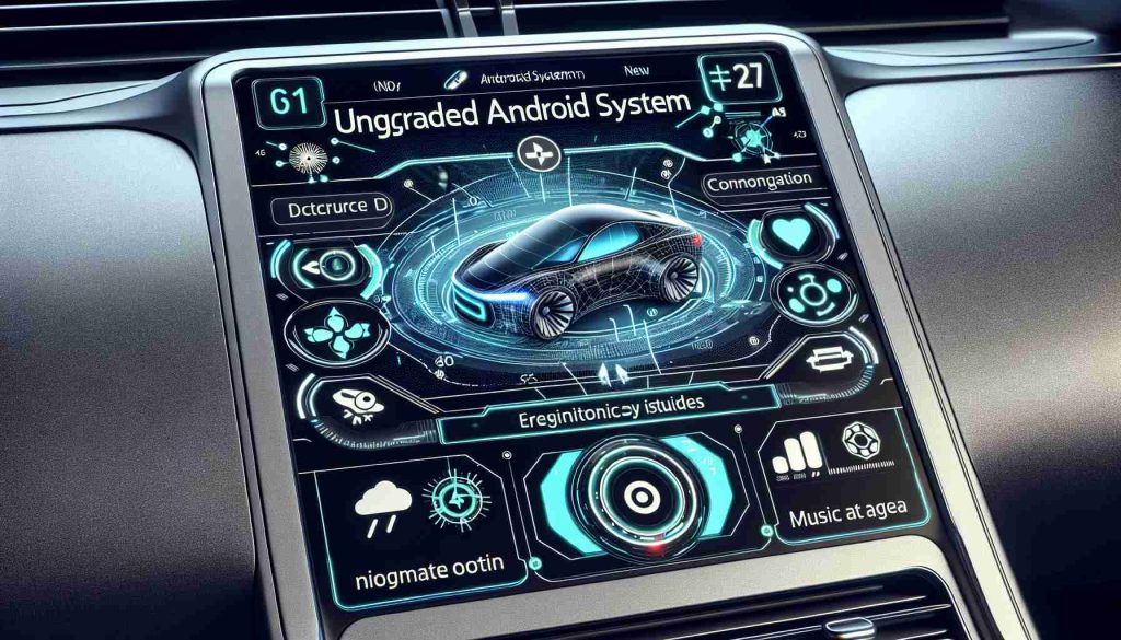 A highly detailed and realistic image showing the interface of an upgraded android system in a futuristic electric car. The display should depict innovative new features specifically designed to improve the driving experience. These features could include advanced navigational tools, climate control options, music and media area, with an ergonomically considerate layout. The design should be sleek and modern, creating a sense of the future of automotive tech being an exciting game-changer.