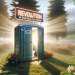 Generate a vivid and realistic high-definition image portraying the concept of revolution in portable restrooms. The image should convey a tangible leap in cleanliness and hygiene, with emphasis on eliminating unpleasant odors. Perhaps visualize it with a shining, spotless portable restroom in a serene outdoor setting, with fresh flowers and vegetation around it, and a 'new experience' logo displayed prominently. The atmosphere should suggest freshness, cleanliness, and innovation.