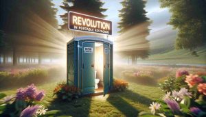 Generate a vivid and realistic high-definition image portraying the concept of revolution in portable restrooms. The image should convey a tangible leap in cleanliness and hygiene, with emphasis on eliminating unpleasant odors. Perhaps visualize it with a shining, spotless portable restroom in a serene outdoor setting, with fresh flowers and vegetation around it, and a 'new experience' logo displayed prominently. The atmosphere should suggest freshness, cleanliness, and innovation.