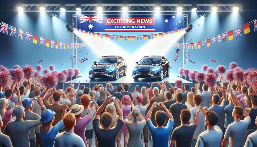 Generate a realistic HD image that depicts a scene illustrating 'Exciting News for Australian Car Enthusiasts'. The scene should feature a pair of brand new unidentified cars being unveiled under bright spotlights on a stage, with a jubilant crowd of diverse car enthusiasts, including both men and women of various descents such as Caucasian, Hispanic, Black, Middle-Eastern, and South Asian. Background includes festive decorations, colourful streamers, and banners announcing the arrival of the new car models.